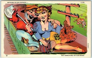 1940s Curteich Linen Postcard Nothing In Our Pockets Honeymoon Comics C - 178