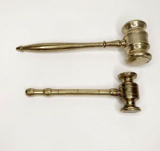 Two Vintage Solid Brass Gavel Judge Hammer Paperweights.  7” And 5.  5”