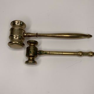 Two Vintage Solid Brass Gavel Judge Hammer Paperweights.  7” And 5.  5” 4