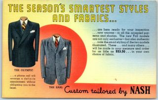 1939 Advertising Postcard " Nash Custom Tailoring Service " Men 