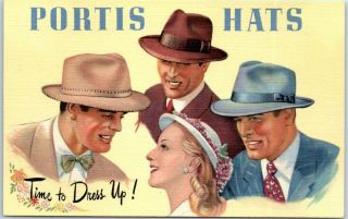 1949 Advertising Postcard Portis Hats " Time To Dress Up " Curteich Linen