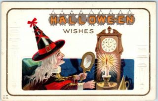 Vintage " Halloween Wishes " Postcard Red Witch / Mirror Candle Midnight Nash H - 24