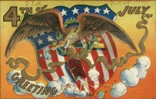 4th Fourth Of July Eagle American Flag Shield C1910 Embossed Postcard