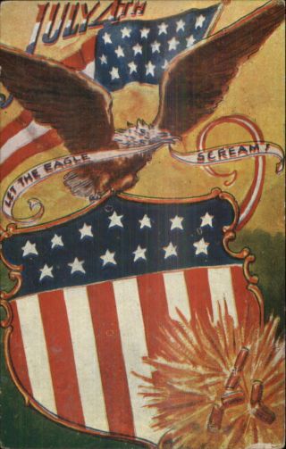 4th Fourth Of July Eagle American Flag Shield C1910 Postcard