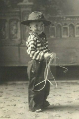 1925 Adorable Little Boy In Western Cowboy Outfit W Lasso Real Photo Postcard