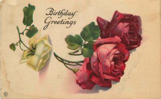 Catherine Klein Artist Signed Postcard White & Red Roses - Happy Birthday 192?