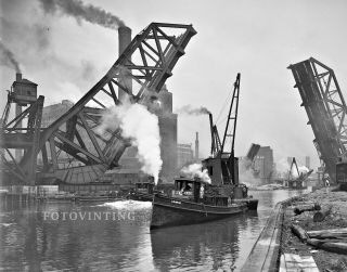 1910 Chicago 11x14 Photo " Andy & A.  B.  Ward Tugboats " 12th Street Bascule Bridge