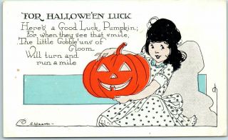 1910s Artist - Signed E.  Weaver Postcard " For Halloween Luck " Girl / Jol Auburn Pc