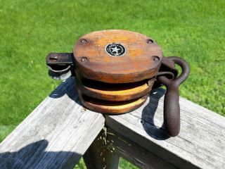 Vintage Antique 4 Inch Boston Lockport Block Pulley - Wood And Iron 1