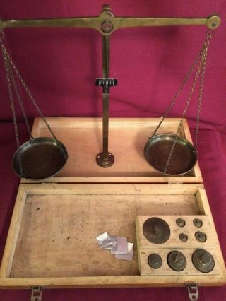 Vintage.  Old Brass Balance Scale W/ All Weights,  Portable.  Made In Germany
