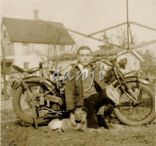 Jack Russell Terrier Dog By Young Man With His Antique Motorcycle Old Photo