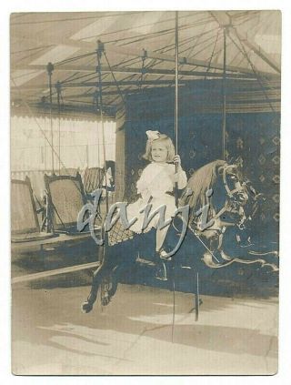 Little Girl On Antique Carousel Horse Old Carnival Amusement Park Photo