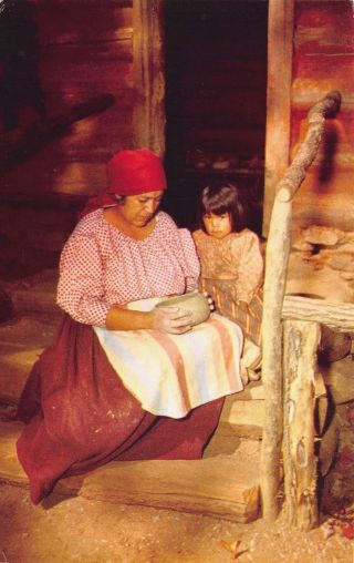 Postcard Native American Indian Cherokee Woman Making Pottery Little Girl Smoky