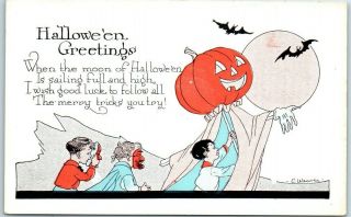 1910s Artist - Signed E.  Weaver Postcard " Halloween Greetings " Kids Costumes Jol
