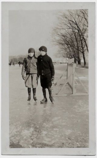 Old Photo 2 Boys Ice Skating Knickers Coat Hats One Boy With One Ice Skate 1920s