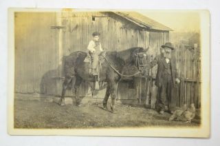 Boy Horse Grandpa And Chickens Farmer Rppc Early 20th Century Composition