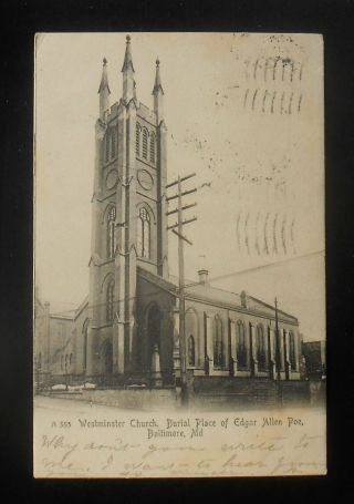 1906 Westminster Church Burial Place Of Edgar Allen Poe Baltimore Md Postcard