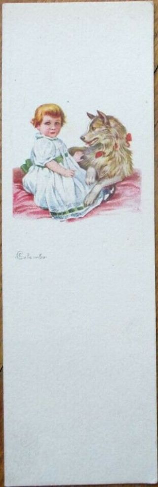 E.  Colombo/artist - Signed 1920s Art Deco Novelty Bookmark Postcard,  Dog & Girl