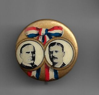 Lil 1900 William Mckinley Theodore Roosevelt Jugate Campaign Pin Rwb Ribbon