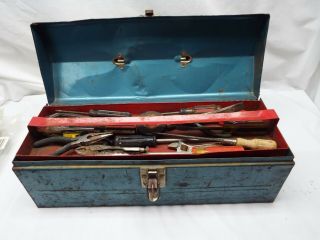 Vintage Metal Tool Box With Old Tools