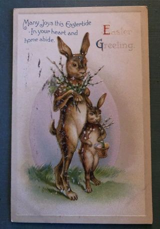 Upright Bunny Rabbits With Pussy Willow Flowers Antique Easter Postcard - B985