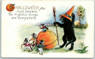 Vintage Whitney Halloween Postcard Black Cat In Orange Witch Hat / Mice