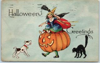 1910s Pink Of Perfection Halloween Postcard Witch On Walking Jol / 1917 Cancel