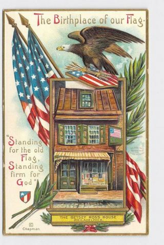 Ppc Postcard Patriotic American Flag C.  Chapman Birthplace Of Our Flag Betsy Ros