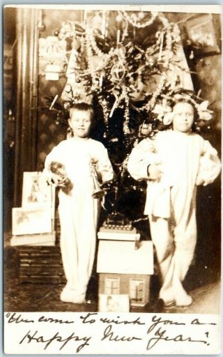 1910s Rppc Photo Postcard Christmas Morning Scene Boy & Girl Xmas Tree Presents