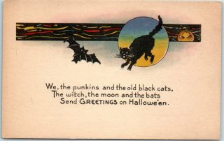 Vintage Halloween Postcard " We,  The Punkins & The Old Black Cats… " Series 1135