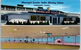 Springfield Il Postcard Moonlight Garden Roller Skating Palace Roller Rink 1950s
