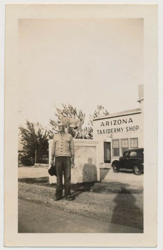 Hunter Man Standing @ Arizona Taxidermy Shop Car Odd Shadows Vtg Snapshot Photo