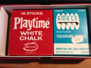 Vintage Playtime White Chalk Box No.  320 & Amaco Dustless Chalkboard Crayons