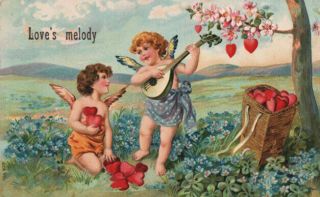 Darling Cupid Cherubs Make Music Mandolin Lute Valentine Heart Tree Embossed Pc
