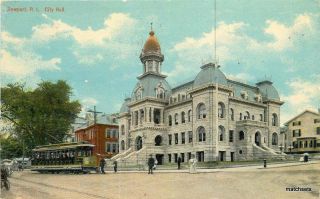 C - 1908 Newport Rhode Island City Hall Trolley Leighton Postcard 1177