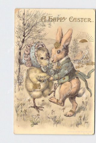Ppc Postcard Easter Anthropomorphic Chick And Rabbit Dance Sunrise Gold Embossed