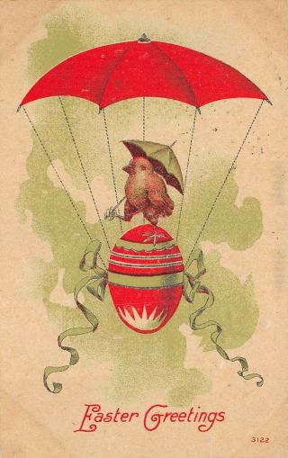Easter Greetings 1909 Postcard Chick On Colored Egg Parachute