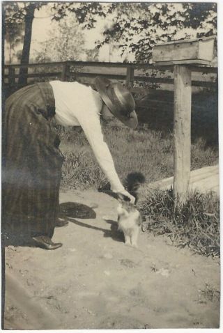 Woman Pats Very Fluffy Cat By Mailbox 1910s Vintage Snapshot