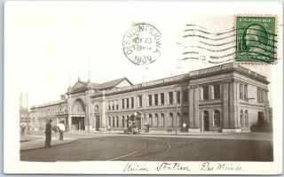 Des Moines Iowa Rppc Real Photo Postcard Union Station Railroad Train Depot 1909