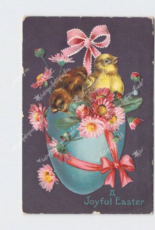 Ppc Postcard Joyful Easter Chicks With Large Egg Flowers Pink Ribbon Bow Embosse