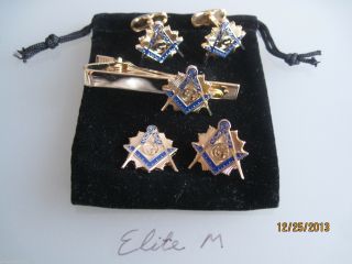 Masonic Master Mason Cufflinks,  Lapel Pin,  Tie Clip,  And Emblem.  Gold Plated.