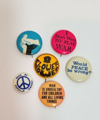 Six (6) Vintage Anti War Peace Pinbacks Pins Buttons Flower Power Doves