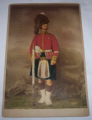 Cabinet Card Hand Colored Photograph Of Scottish Soldier In Kilt Holding A Rifle