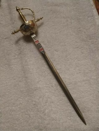 Vintage Toledo Spanish Style Sword Letter Opener - 8 1/2” Ornate Enamel Guard