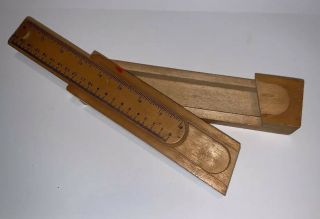 VINTAGE WOODEN SLIDE - TOP PENCIL BOX CASE WITH COMPARTMENTS AND RULER 2