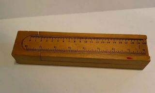 VINTAGE WOODEN SLIDE - TOP PENCIL BOX CASE WITH COMPARTMENTS AND RULER 3
