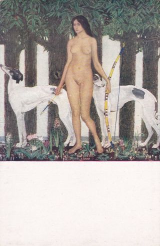 Rare E.  Stella Nude Woman Russian Greyhounds Borzoi Dogs Antique German Postcard