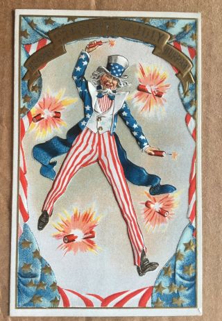 Vintage Patriotic/4th Of July Postcard - Uncle Sam & Firecrackers