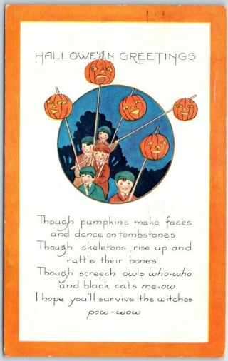 Vintage Whitney Halloween Postcard Boys W/ Jols On Sticks - 1923 Nh Cancel