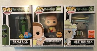 Funko Pop Animation Rick And Morty Sentient Chase,  Sdcc Pickle Rick & West Rick
